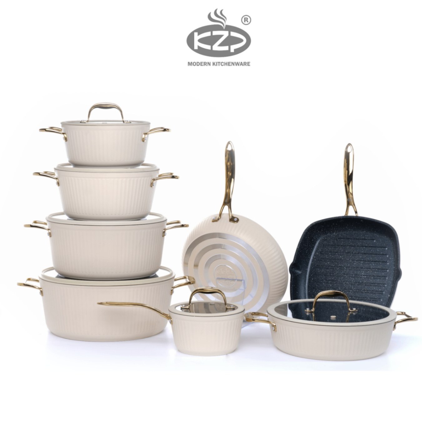 سرویس قابلمه KZP کالکشن آلما 14 پارچه درب سیلیکونی دستگیره طلایی