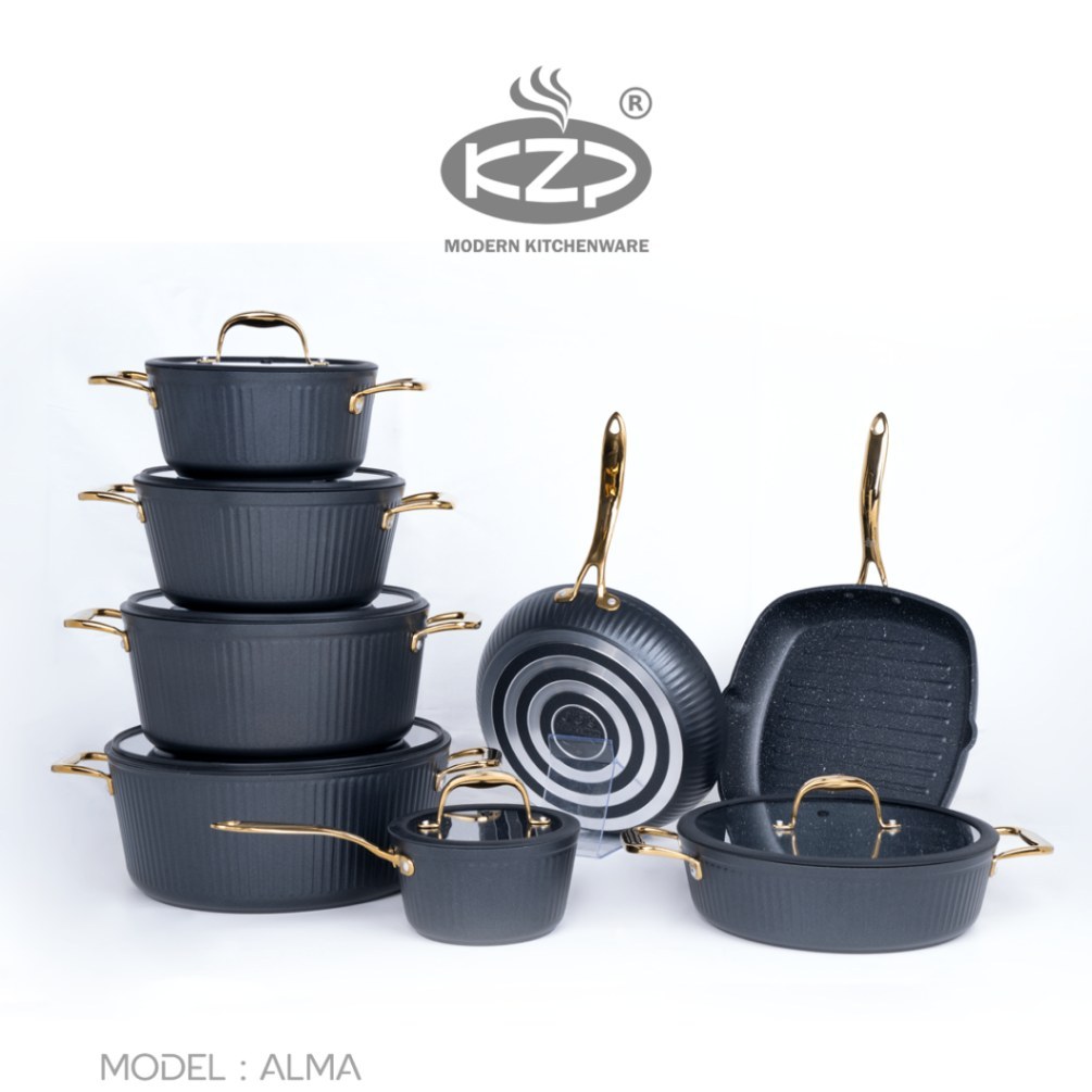 سرویس قابلمه KZP کالکشن آلما 14 پارچه درب سیلیکونی دستگیره طلایی