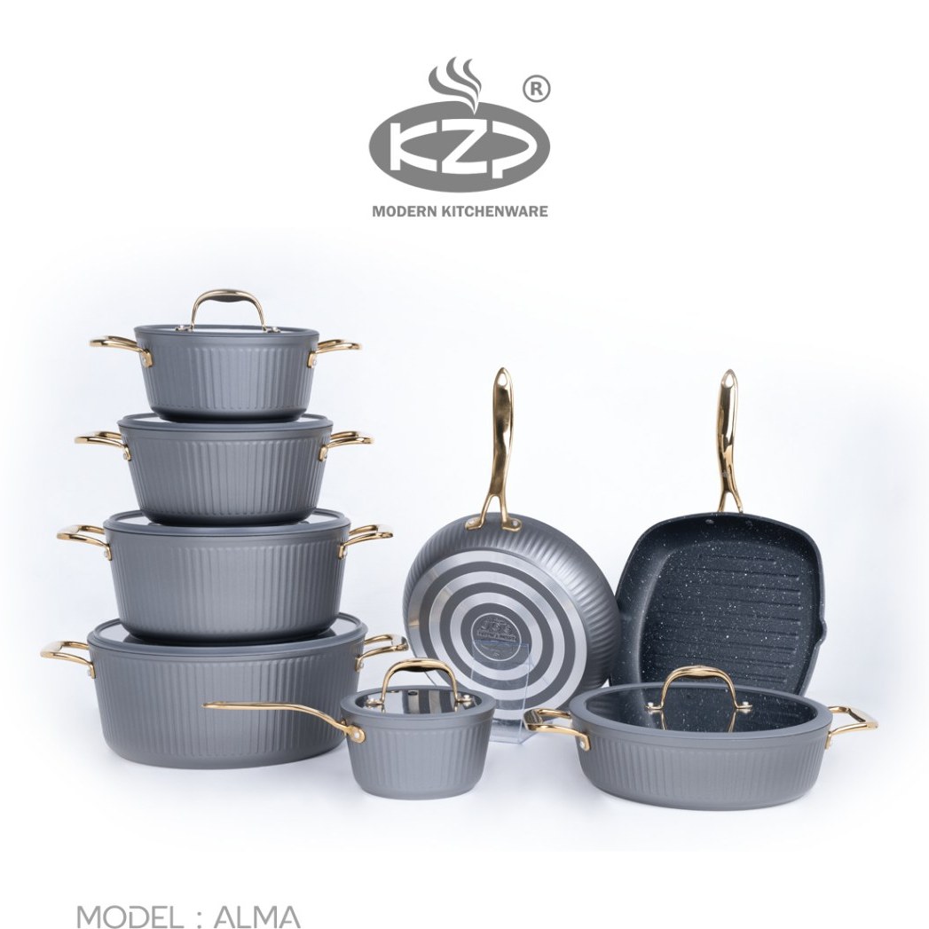 سرویس قابلمه KZP کالکشن آلما 14 پارچه درب سیلیکونی دستگیره طلایی